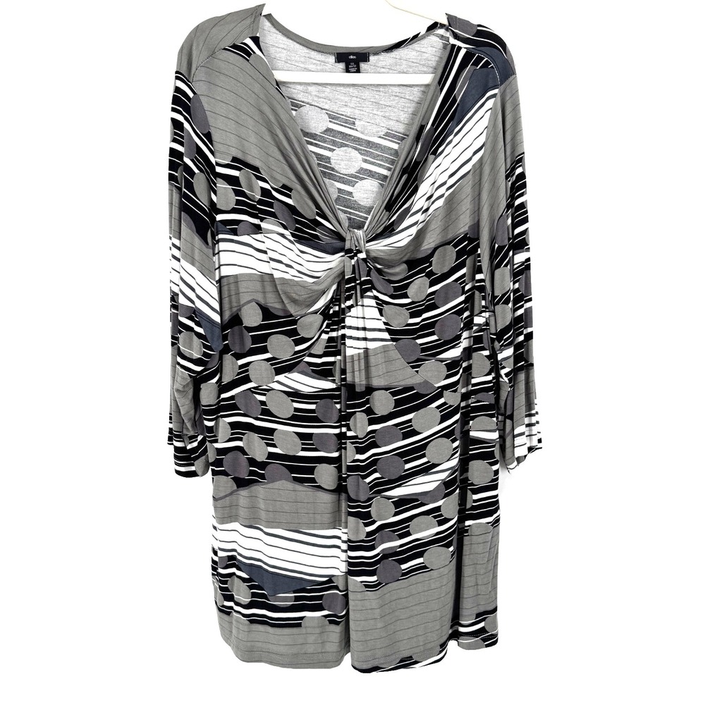 Ellos Womens Babydoll Tunic Top V Neck Shirt Blouse 3X Gray Abstract Long Sleeve